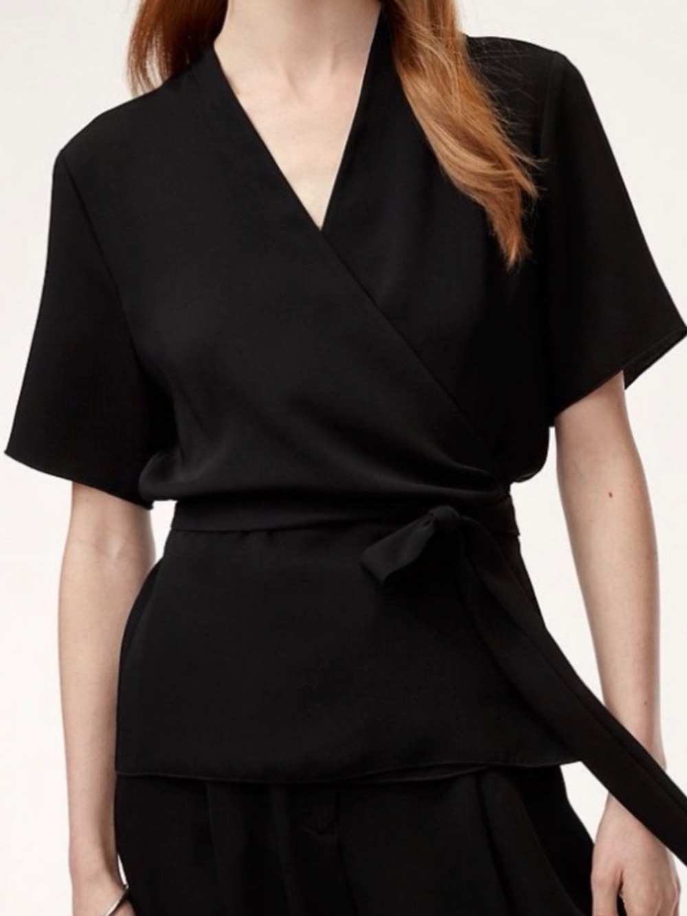 Babaton Aritzia NWT Kaltag Wrap Top Black Medium Crepe Blouse Short Sleeve